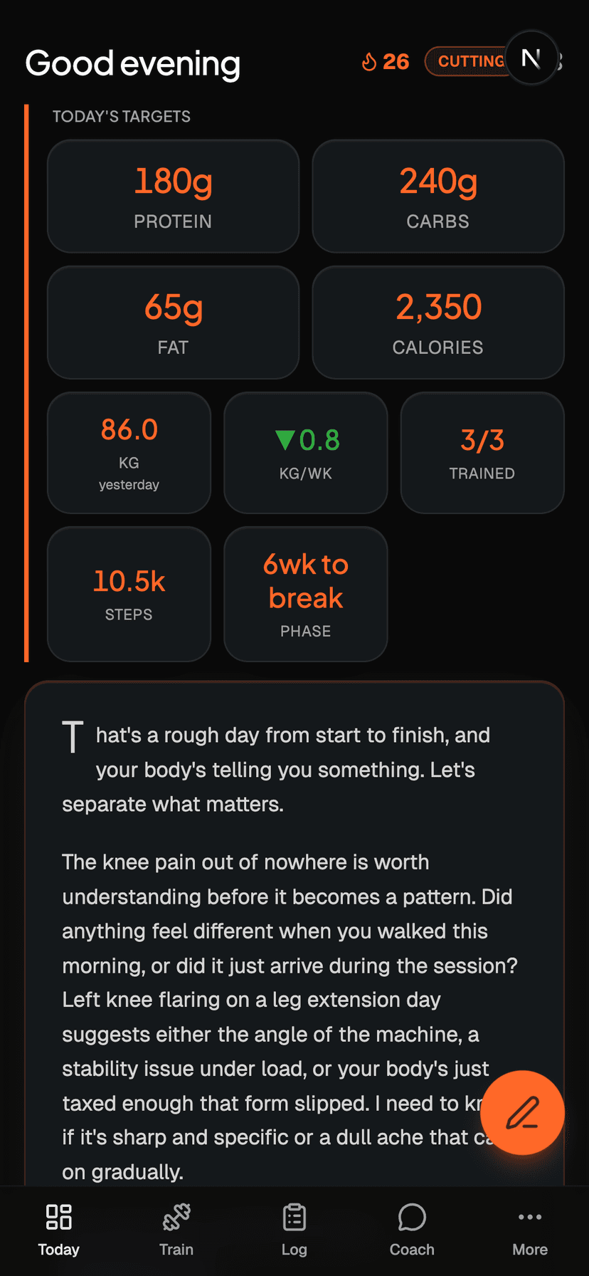 Dashboard with macro targets and daily coach response