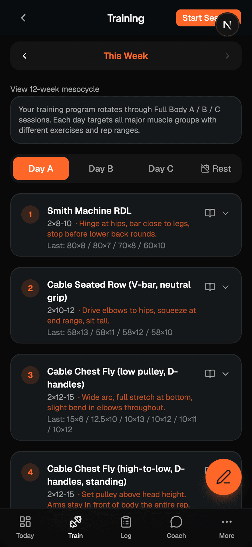 Training session with exercises and previous weights