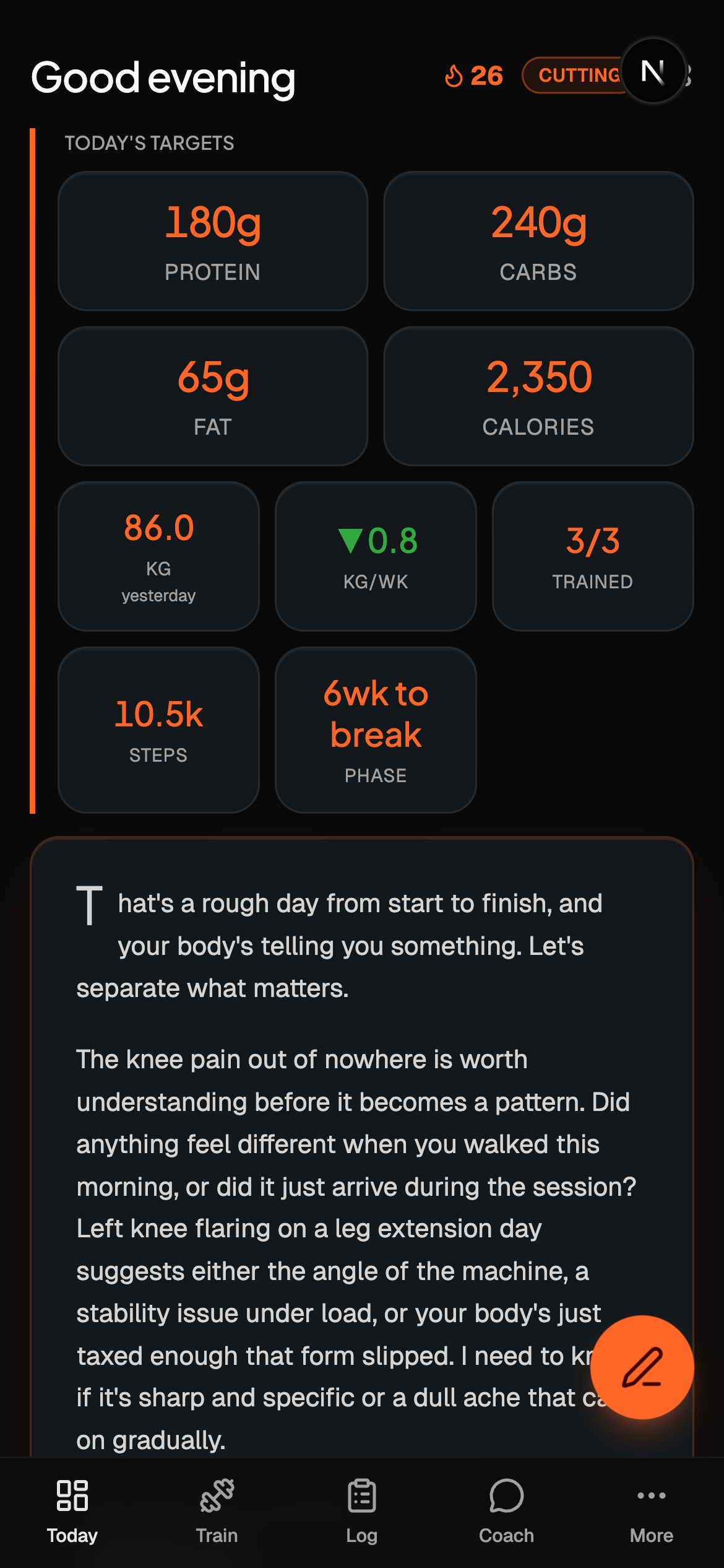 Dashboard with macro targets, phase status, and daily coach response